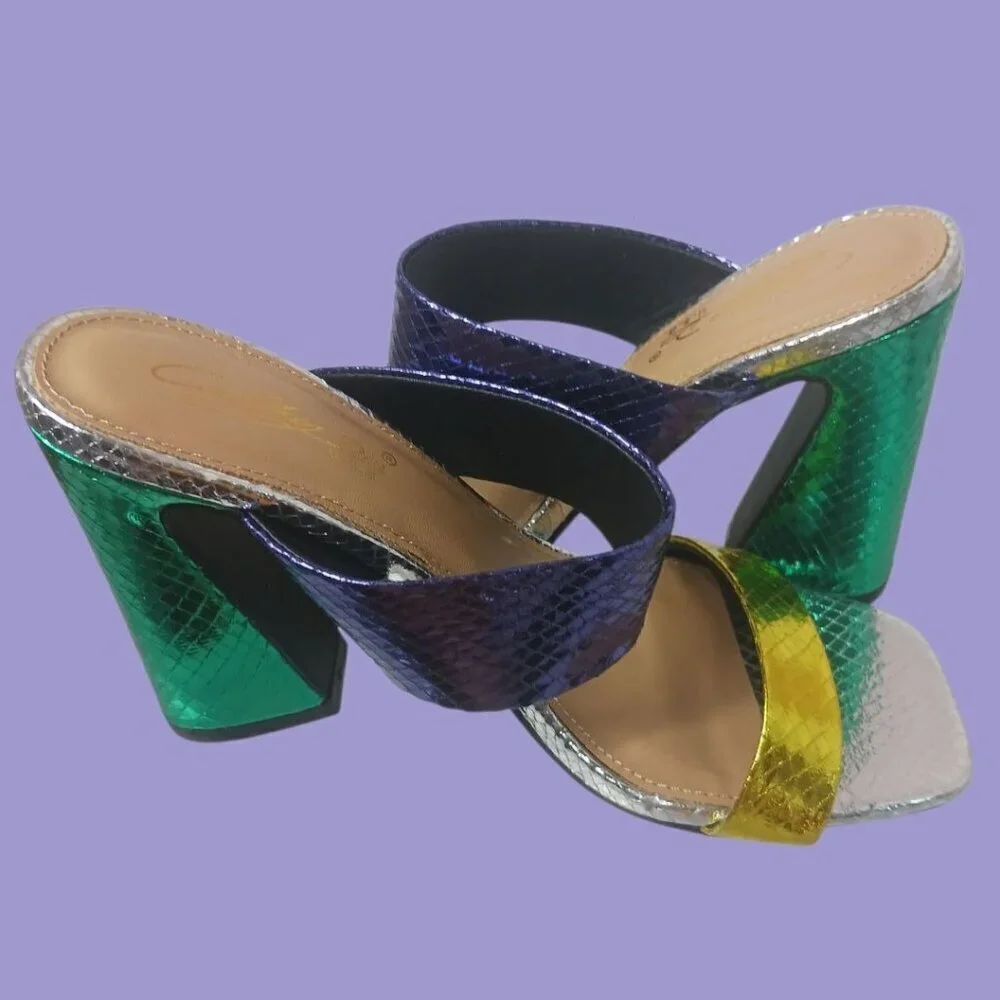 Cathy Din Faux Snake Skin Print Sandals Womens Metallics Purple Gold  Sz 6.5